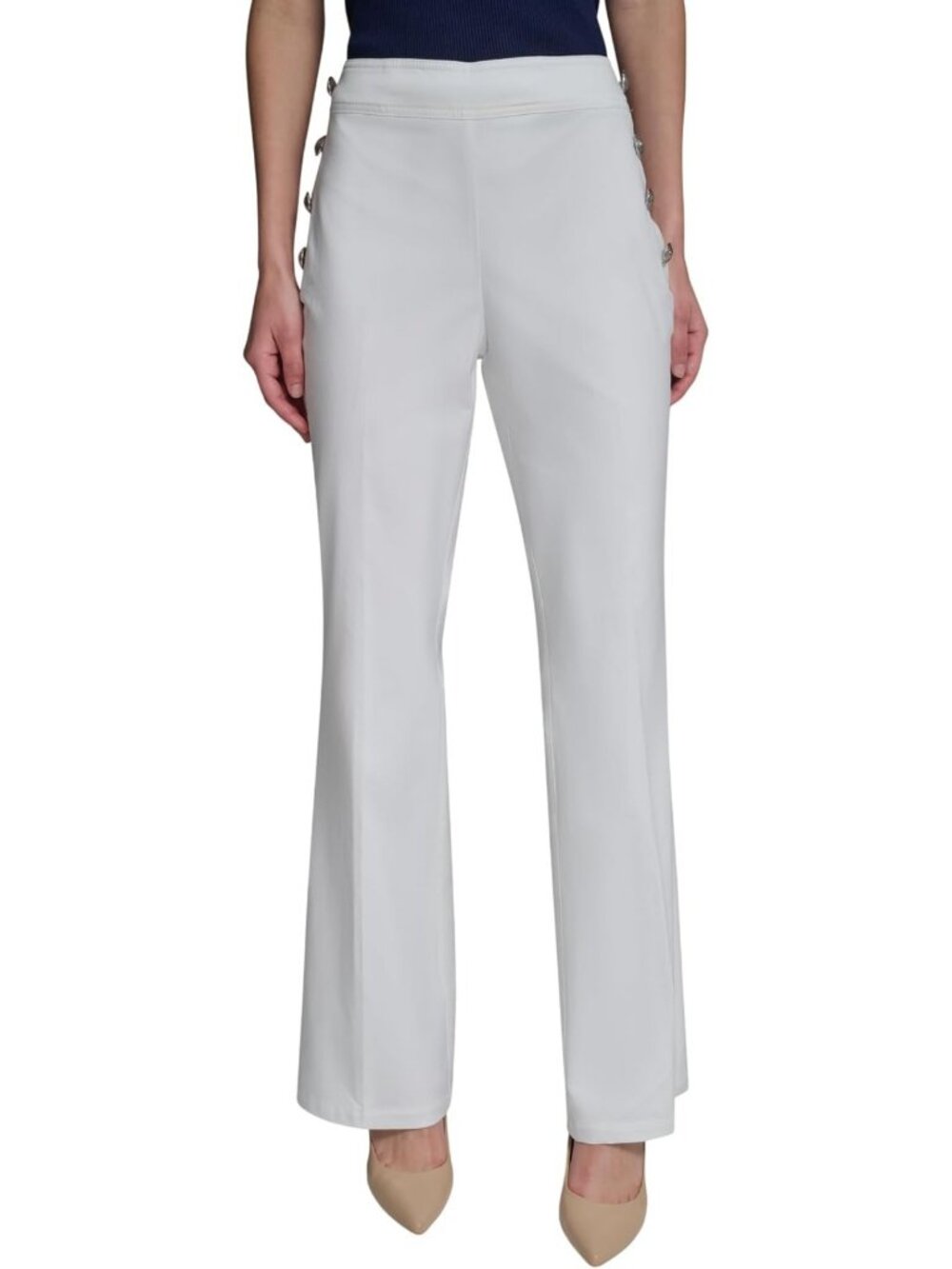 Chic Women's Straight Leg Sailor Pants with Button Detail | Cotton Twill - Picture 1 of 6